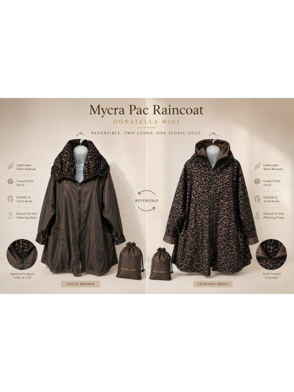 Mycra Pac Donatella Mini Reversible Raincoat Leopard Print Brown Size S/M